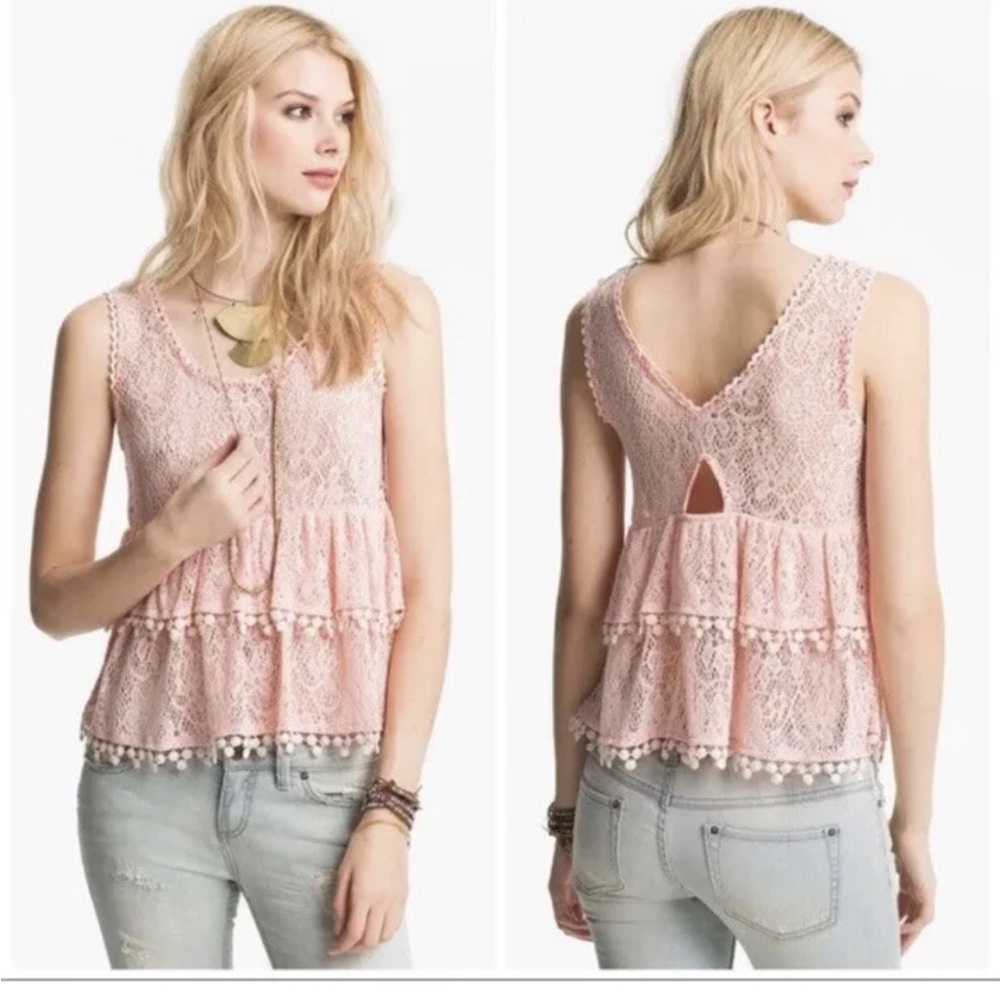 Free People Boho Sheer Lace Crochet Tiered Top Light Pink/Coral tassel detail S